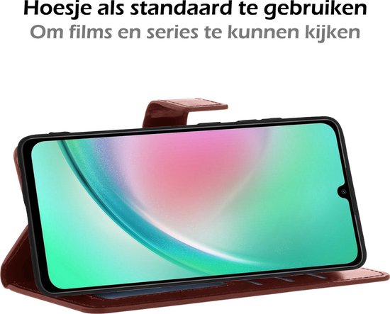 Bruine leren book case als standaard voor een telefoon.