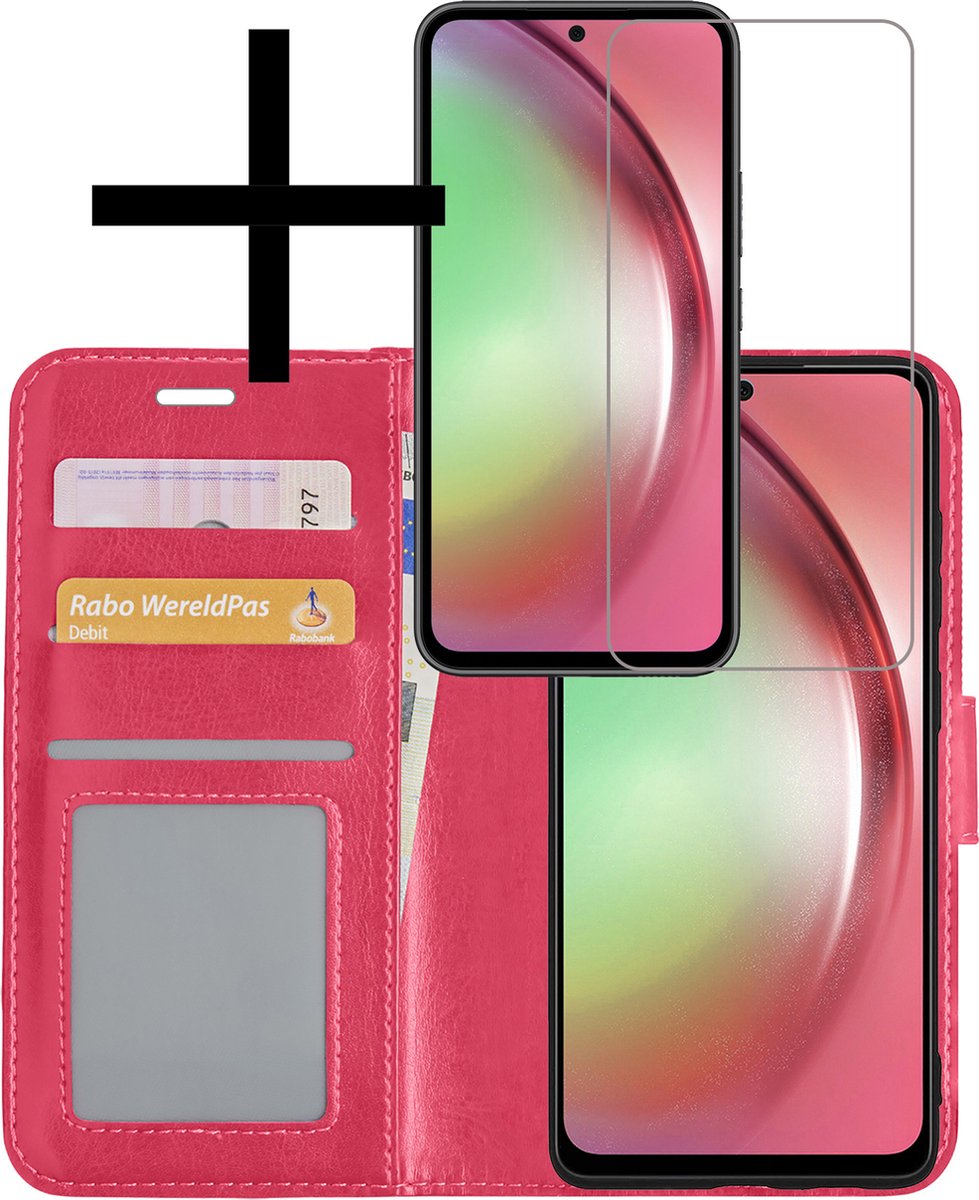 Hoesje - Met Screenprotector - Geschikt voor Samsung Galaxy A54 - Luxe Pasjeshouder - Bookcase Portemonee - Flip Case - Kunstleer Book Case - Flipcase - Book Cover - Walletcase - Portemonneehoes - Donkerroze