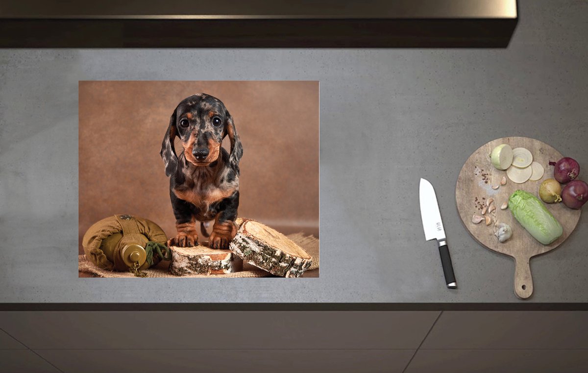 Inductieplaat Beschermer - Gevlekte Tekkel op Boomstammen bij Veldfles - 60x52 cm - 2 mm Dik - Inductie Beschermer van Vinyl