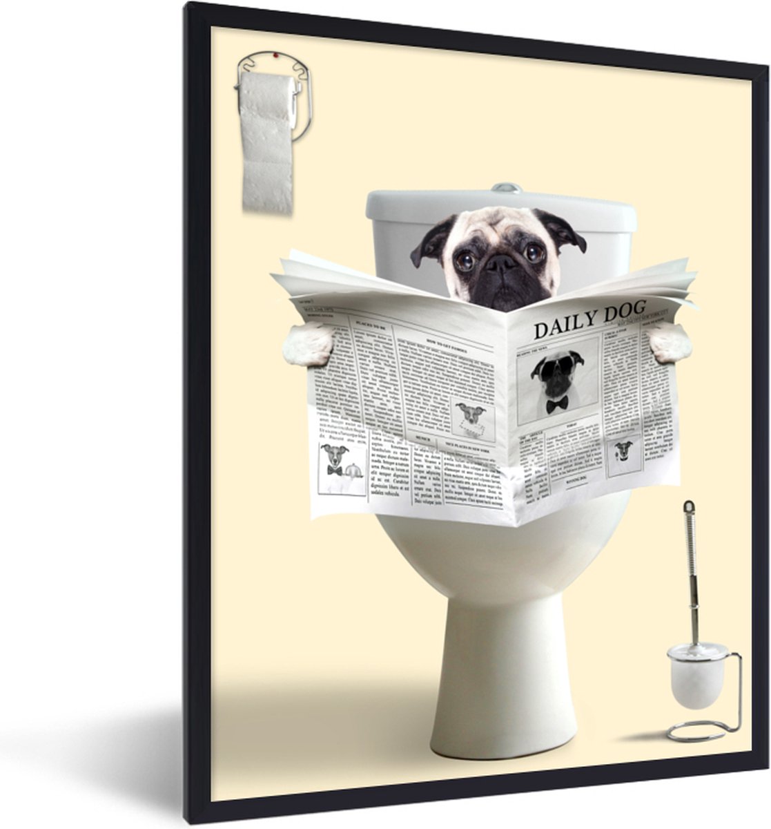 Fotolijst - Poster in lijst - Hond - Pug - Toilet - Krant - Dier - 30x40 cm - Poster frame