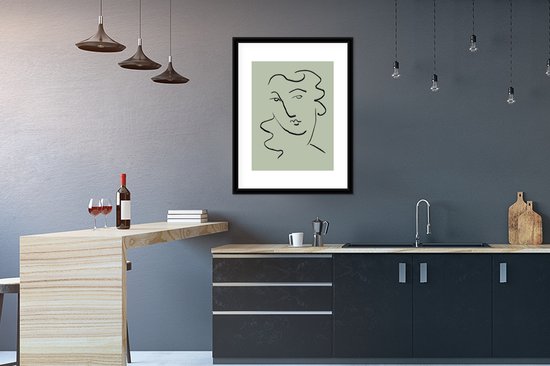 Cadre photo avec affiche - Visage - Croquis - Vert - Abstrait - 60x80 cm - Cadre pour affiche