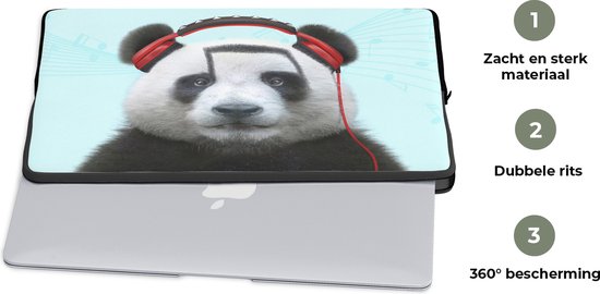 Laptophoes - Laptop sleeve - Panda - Koptelefoon - Dieren - Blauw - Laptop case - 17 Inch - Hoes laptop