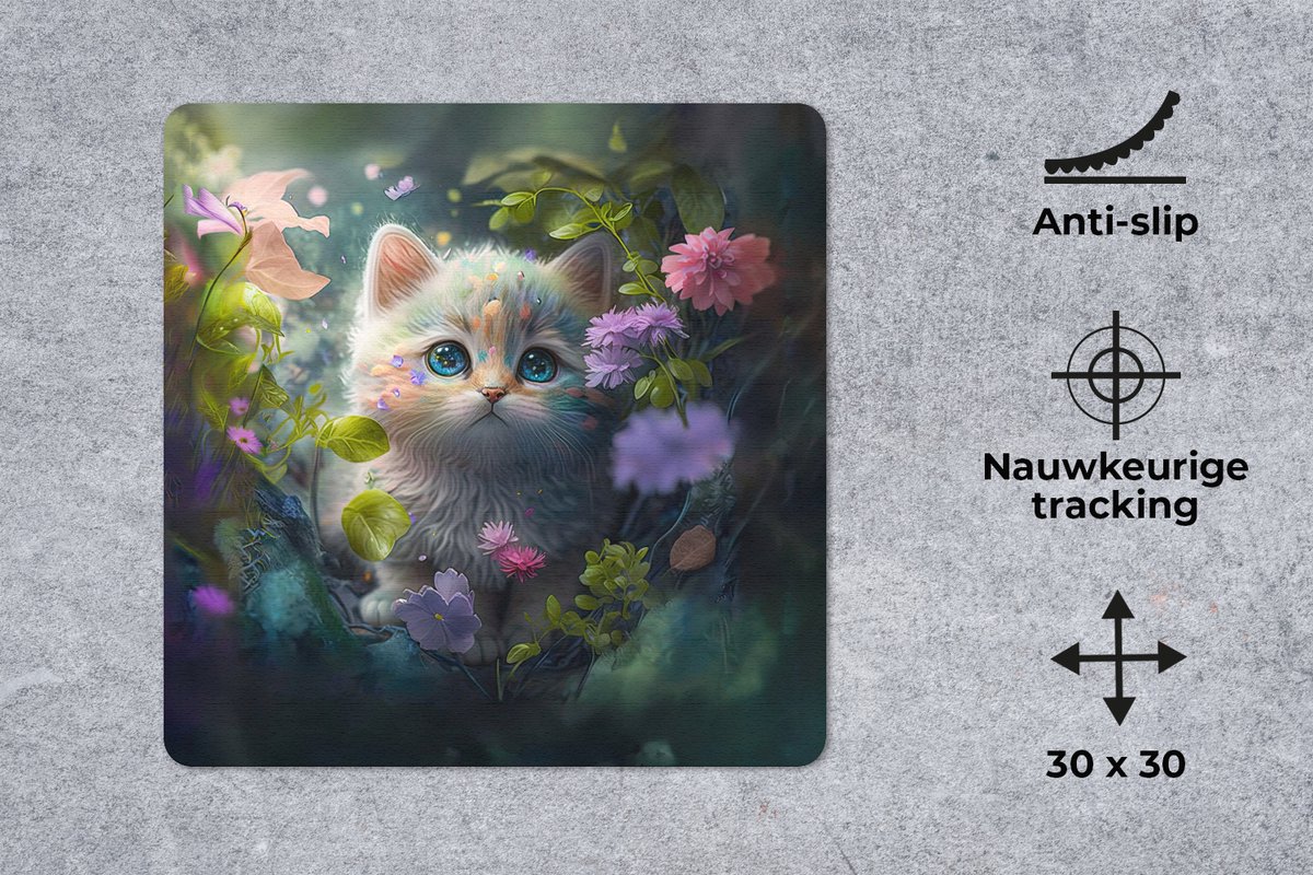 Muismat 30x30 cm - Mousepad Kitten - Bloemen - Bos - Illustratie - Poes - Muismatten