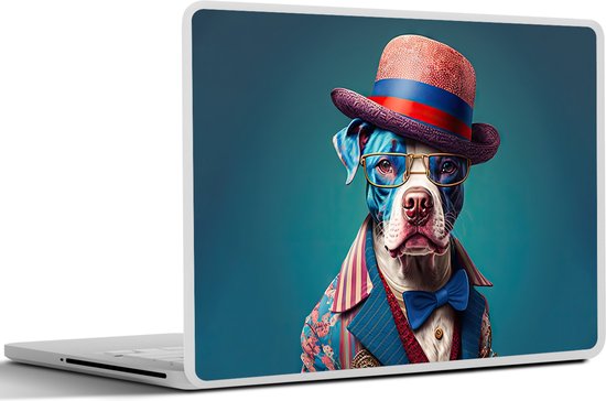 Laptop sticker - 11.6 inch - Hond - Hoed - Colbert - Bloemen - Blauw - 30x21cm - Laptopstickers - Laptop skin - Cover