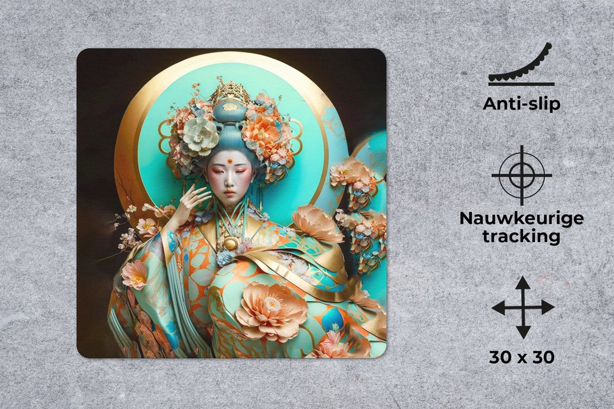 Muismat 30x30 cm - Mousepad Vrouw - Kimono - Bloemen - Goud - Portret - Muismatten