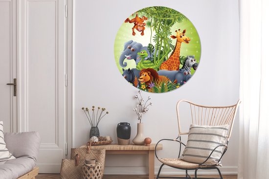 WallCircle - Cercle Mural - Cercle Mural - Animaux de la Jungle - Plantes - Enfants - Eléphant - Girafe - Lion - Aluminium - Dibond - 140x140 cm - Intérieur et Extérieur