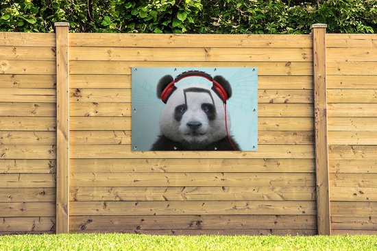 Affiche jardin - Toile jardin - Posters de jardin extérieur - Panda - Casque - Animal - Notes de musique - Rouge - 120x80 cm - Jardin