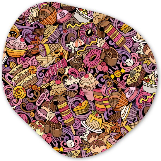 Organische Wanddecoratie - Kunststof Muurdecoratie- Organisch Schilderij - Eten - Taart - Patronen - Design - Donut - Kind- 40x40 cm - Asymmetrische spiegel vorm op kunststof