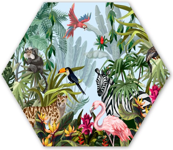 Hexagon wanddecoratie - Kunststof Wanddecoratie - Hexagon Schilderij - Jungle - Natuur - Jongens - Meisjes - Kinderen - Zebra - Flamingo - 75x65 cm