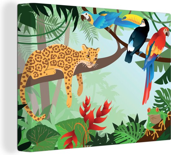 Canvas Schilderij Jungle dieren - Toekan - Jongens - Meiden - Luipaard - 80x60 cm - Wanddecoratie