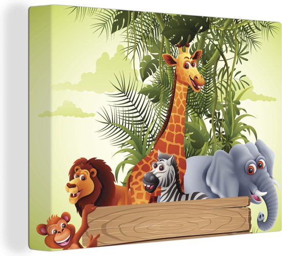 Canvas schilderij 160x120 cm - Wanddecoratie Jungle dieren - Natuur - Planken - Kinderen - Giraffe - Muurdecoratie woonkamer - Slaapkamer decoratie - Kamer accessoires - Schilderijen