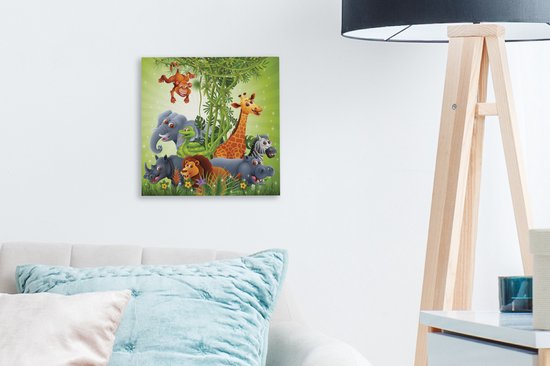 Tableau sur toile Animaux de la jungle - Plantes - Enfants - Éléphant - Girafe - Lion - 20x20 cm - Décoration murale