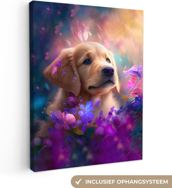 Canvas Schilderij Hond - Puppy - Zon - Bloemen - Golden retriever - 60x80 cm - Wanddecoratie