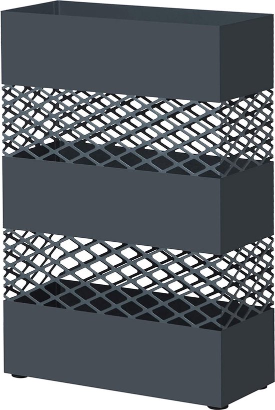 Paraplustandaard van metaal, rechthoekige paraplustandaard, 28 x 12 x 41 cm, met wateropvangschaal, roosterdesign, antraciet
