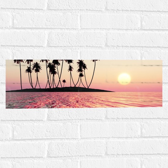 Muursticker - Silhouet van Palmbomen op Onbewoond Eiland in de Oceaan bij Zonsondergang - 60x20 cm Foto op Muursticker