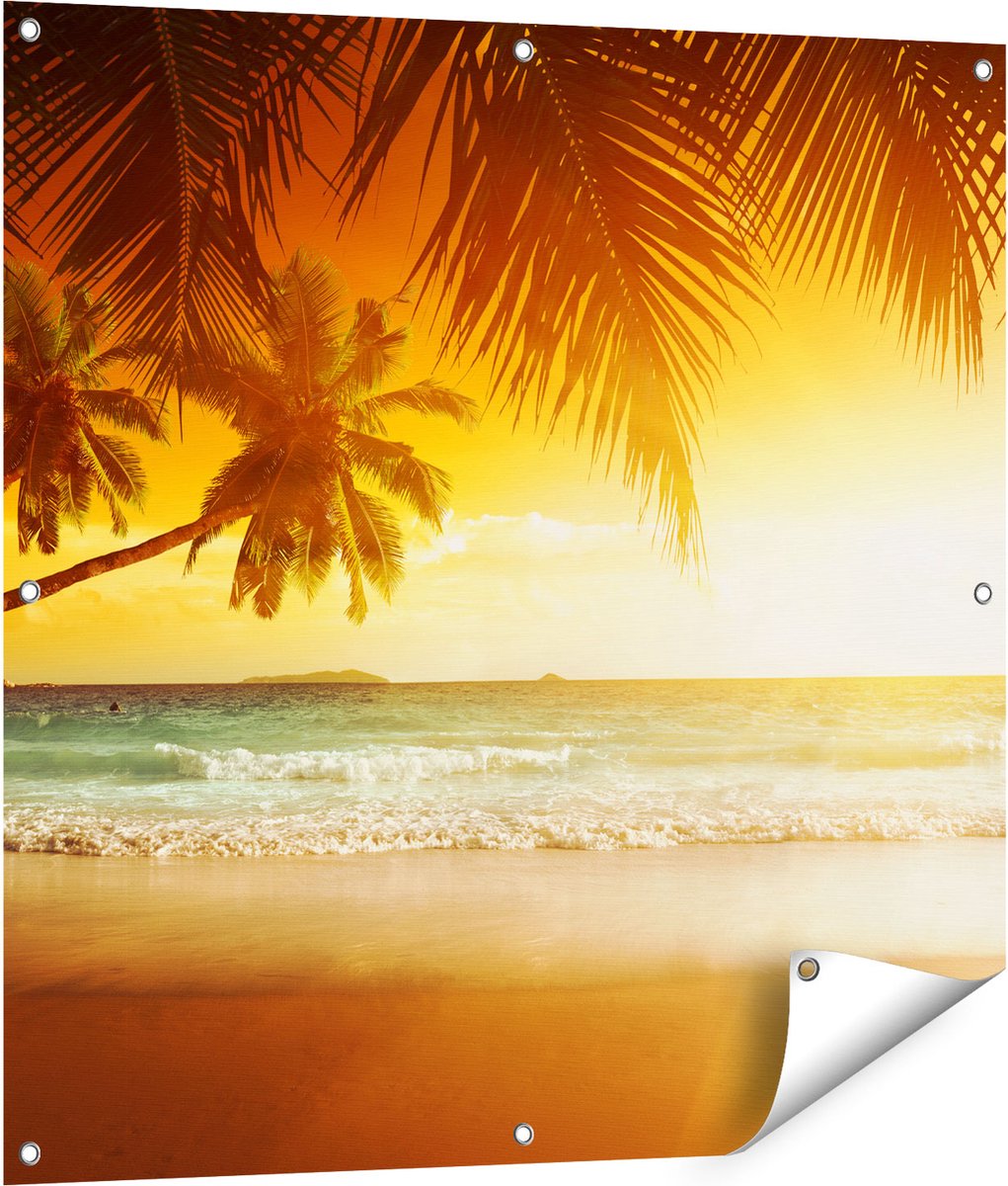 Gards Tuinposter Tropisch Strand tijdens Zonsondergang - 90x90 cm - Tuindoek - Tuindecoratie - Wanddecoratie buiten - Tuinschilderij Multikleur