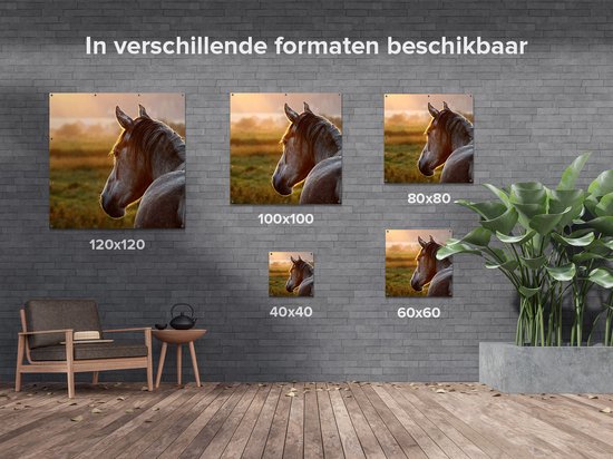 Affiche de jardin Gards Cheval dans le pré au coucher du soleil - 90x90 cm - Toile de jardin - Décoration de jardin - Décoration murale extérieur - Tableau de jardin