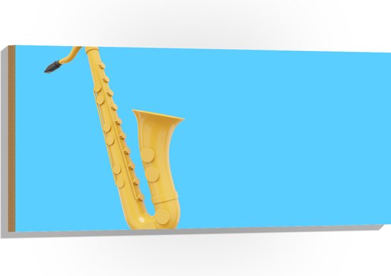 Hout - Gele Saxofoon tegen Blauwe Achtergrond - 100x50 cm - 9 mm dik - Foto op Hout (Met Ophangsysteem)
