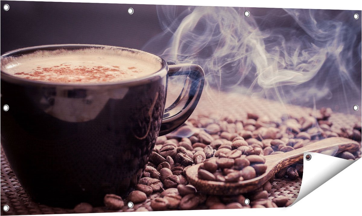 Gards Tuinposter Hete Koffie Kop met Koffiebonen - 120x60 cm - Tuindoek - Tuindecoratie - Wanddecoratie buiten - Tuinschilderij Multikleur