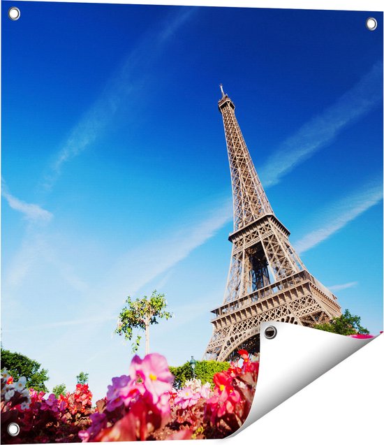 Gards Tuinposter Eiffeltoren in Parijs met Bloemen - 60x60 cm - Tuindoek - Tuindecoratie - Wanddecoratie buiten - Tuinschilderij