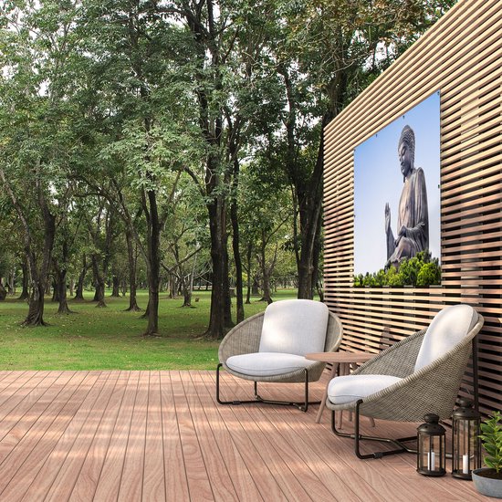 Gards Poster de jardin Groot statue de Bouddha dans la forêt - 150x100 cm - Toile de jardin - Décoration de jardin - Décoration murale extérieure - Tableau de jardin