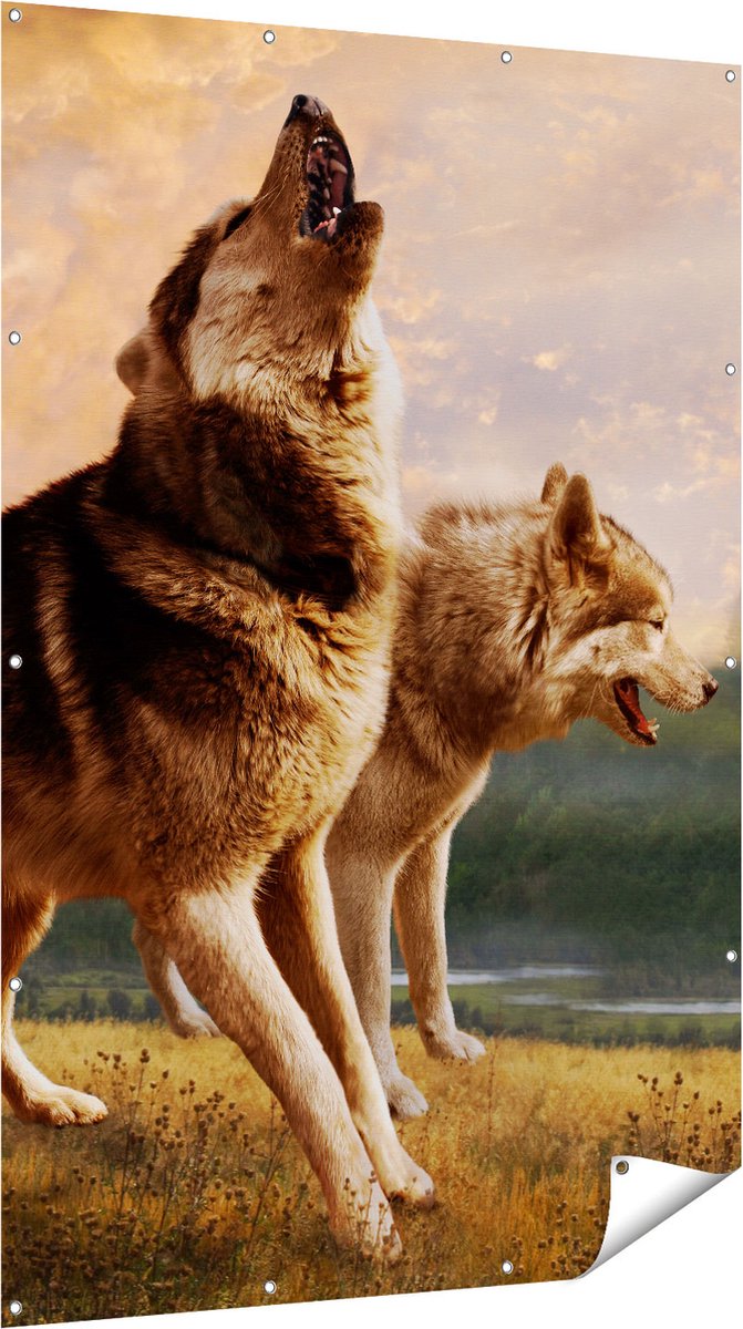 Gards Tuinposter Twee Wolven op het Gras - 120x180 cm - Tuindoek - Tuindecoratie - Wanddecoratie buiten - Tuinschilderij Multikleur