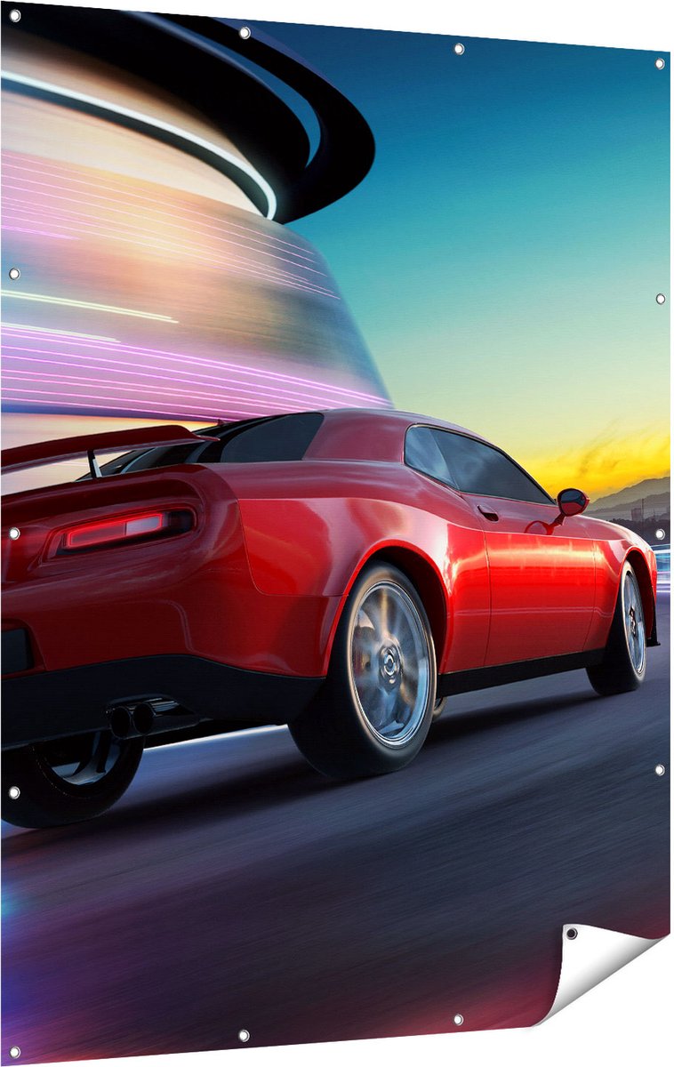 Gards Tuinposter Rode Sportwagen Auto in de Stad - 120x160 cm - Tuindoek - Tuindecoratie - Wanddecoratie buiten - Tuinschilderij Multikleur