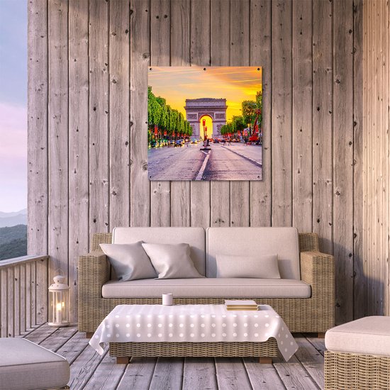 Gards Tuinposter Arc de Triomphe in Parijs vanaf de Straat - 80x80 cm - Tuindoek - Tuindecoratie - Wanddecoratie buiten - Tuinschilderij
