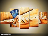 Schilderij -  Egypte - Bruin, Crème, Blauw - 150x70cm 5Luik - GroepArt - Handgeschilderd Schilderij - Canvas Schilderij - Wanddecoratie - Woonkamer - Slaapkamer - Geschilderd Door Onze Kunstenaars 2000+Collectie Maatwerk Mogelijk