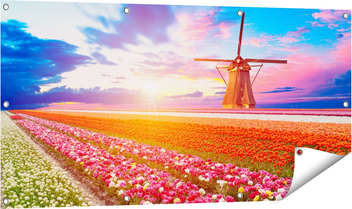 Gards Tuinposter Kleurrijke Bloemenveld met een Windmolen - 120x60 cm - Tuindoek - Tuindecoratie - Wanddecoratie buiten - Tuinschilderij Multikleur