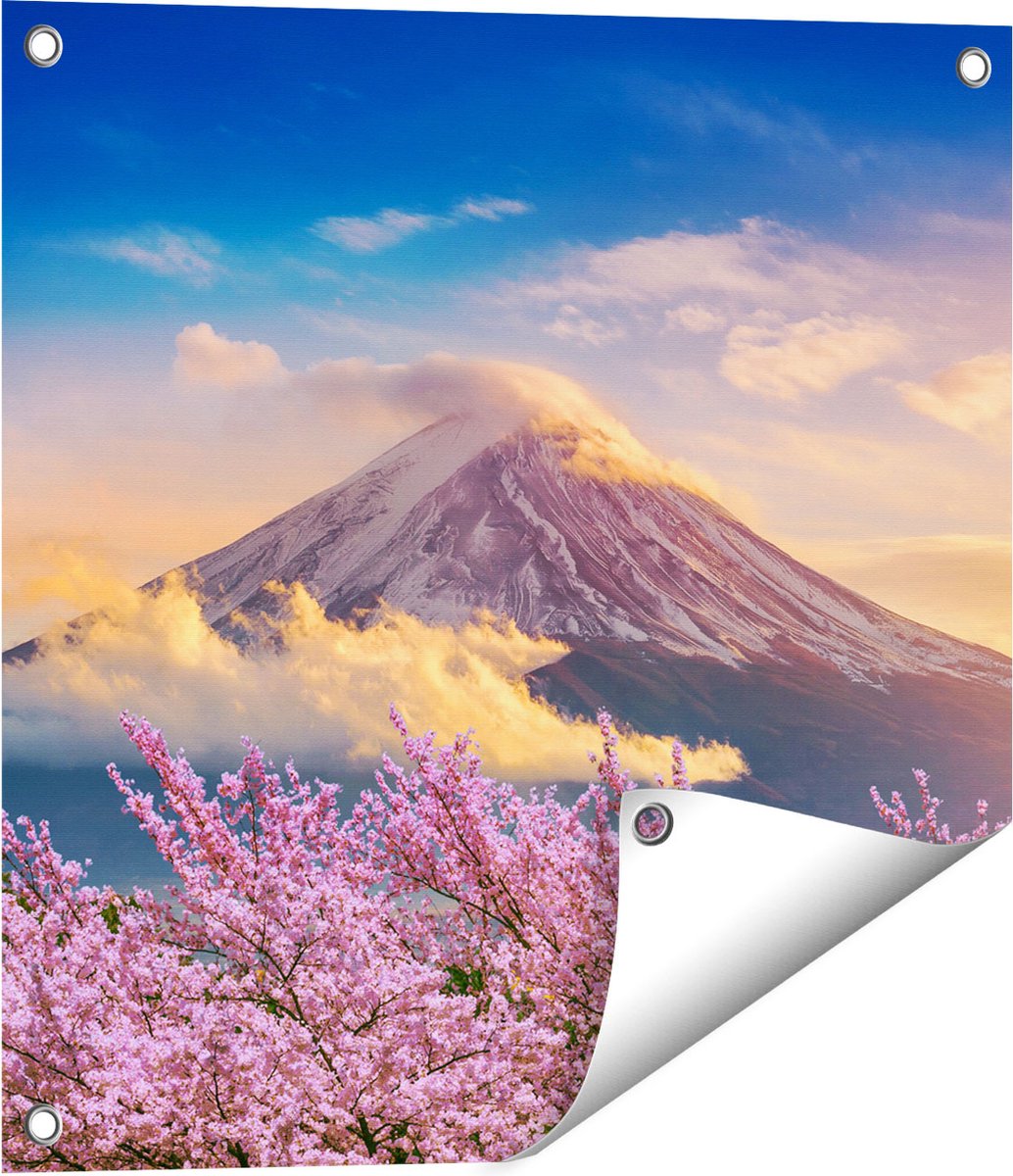 Gards Tuinposter Fuji Berg met Roze Bloesembomen - Bloemen - 50x50 cm - Tuindoek - Tuindecoratie - Wanddecoratie buiten - Tuinschilderij Multikleur