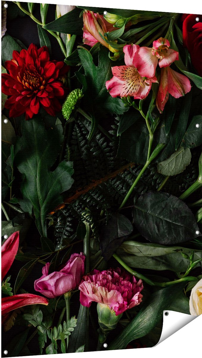 Gards Tuinposter Kleurrijke Bloemen met Groene Bladeren - 100x150 cm - Tuindoek - Tuindecoratie - Wanddecoratie buiten - Tuinschilderij Multikleur