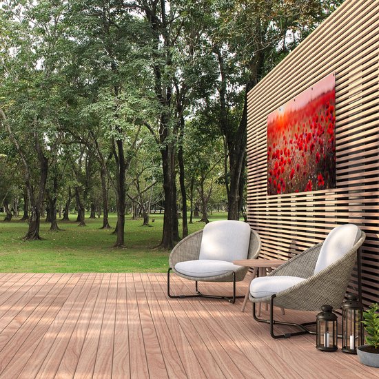 Gards Affiche de jardin Coquelicots rouges Champ de fleurs Coucher de soleil - 160x80 cm - Toile jardin - Décoration de jardin - Décoration murale extérieur - Tableau jardin