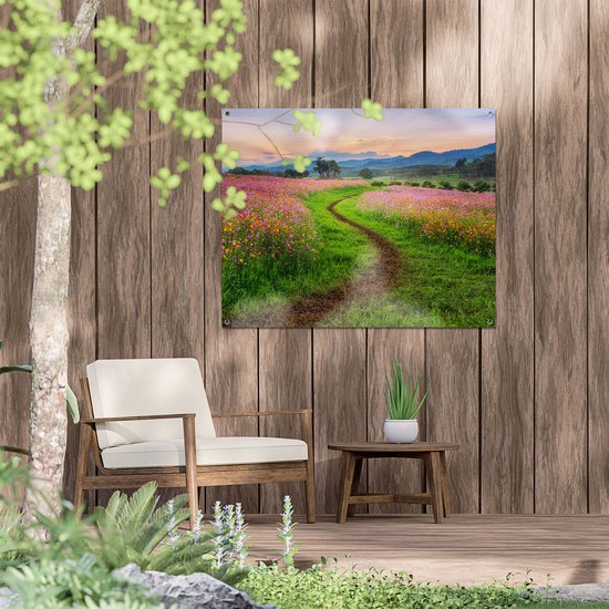 Gards Poster de jardin Kosmos Champ de fleurs avec allée - Fleurs - 100x80 cm - Toile de jardin - Décoration de jardin - Décoration murale extérieure - Peinture de jardin