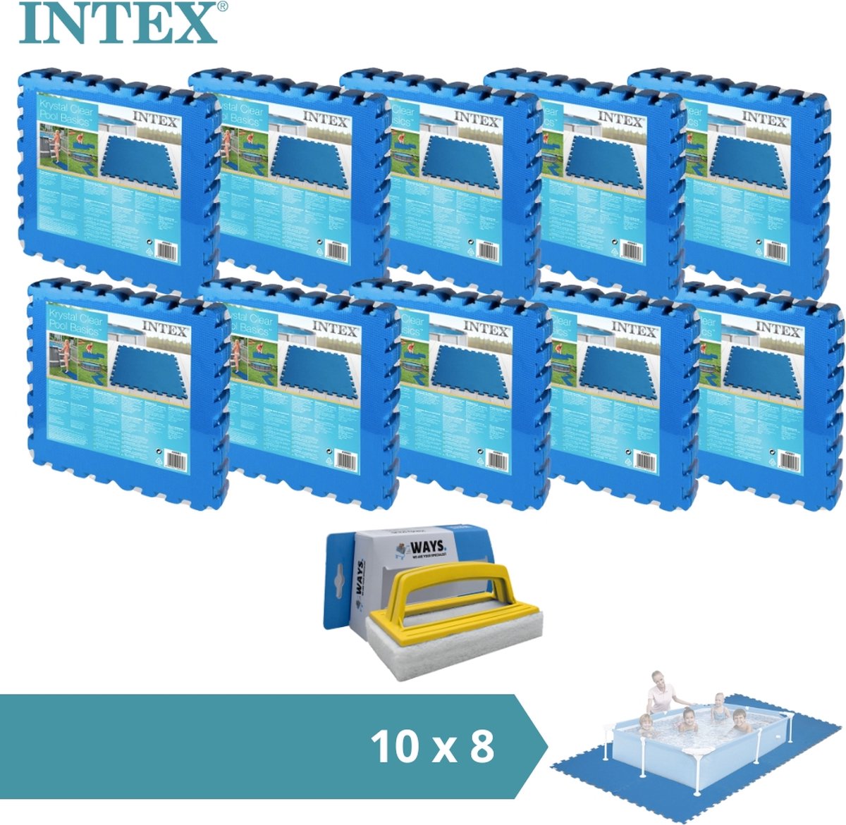Intex - Zwembadtegels - 10 verpakkingen van 8 tegels - 20m² & WAYS scrubborstel
