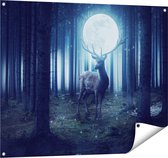 Gards Tuinposter Hert in het Bos tijdens Volle Maan - 100x80 cm - Tuindoek - Tuindecoratie - Wanddecoratie buiten - Tuinschilderij