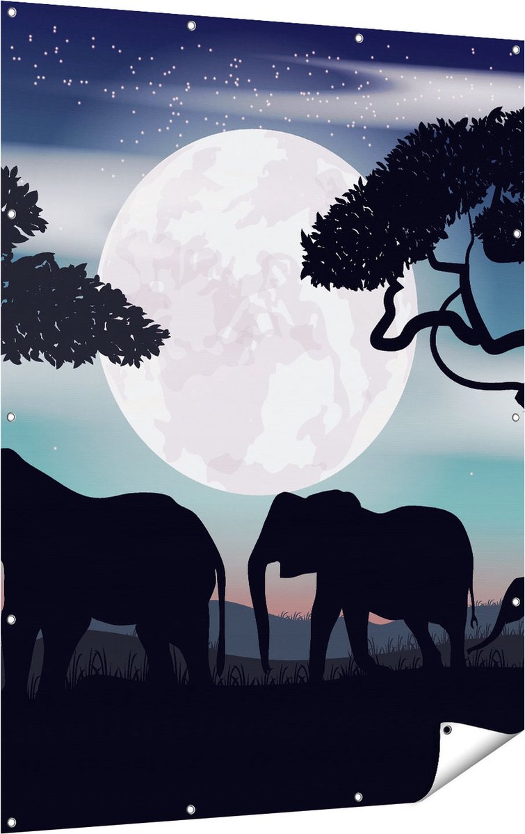 Gards Tuinposter Olifanten Silhouet tijdens Volle Maan - 120x160 cm - Tuindoek - Tuindecoratie - Wanddecoratie buiten - Tuinschilderij Multikleur