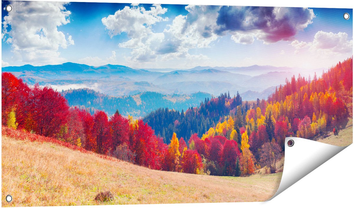 Gards Tuinposter Kleurrijke Herfstbos met Heuvellandschap - 100x50 cm - Tuindoek - Tuindecoratie - Wanddecoratie buiten - Tuinschilderij Multikleur