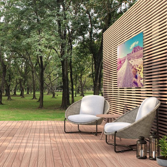 Gards Tuinposter Pad in het Woestijn Landschap met de Zon - 120x80 cm - Tuindoek - Tuindecoratie - Wanddecoratie buiten - Tuinschilderij