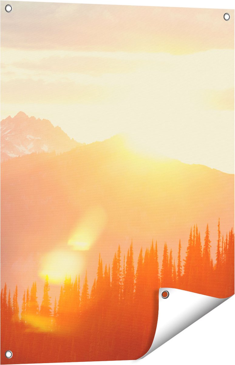 Gards Tuinposter Zonsondergang in het Bos - 60x80 cm - Tuindoek - Tuindecoratie - Wanddecoratie buiten - Tuinschilderij Multikleur