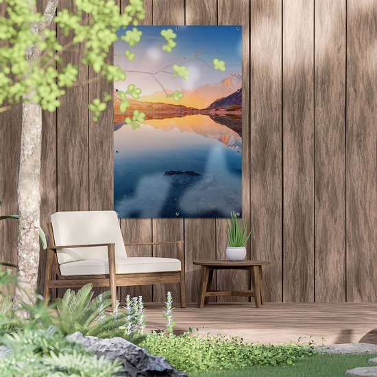 Gards Poster de jardin Paysage de Montagnes avec lever de soleil - 80x120 cm - Toile de jardin - Décoration de jardin - Décoration murale extérieure - Peinture de jardin