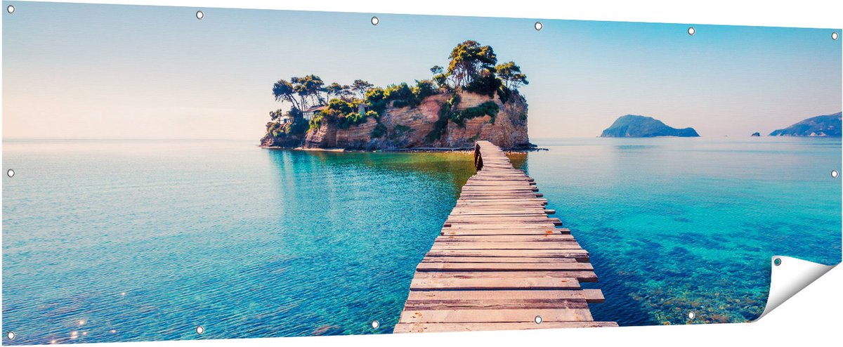 Gards Tuinposter Pad op het Water naar een Grieks Eiland - 210x70 cm - Tuindoek - Tuindecoratie - Wanddecoratie buiten - Tuinschilderij Multikleur