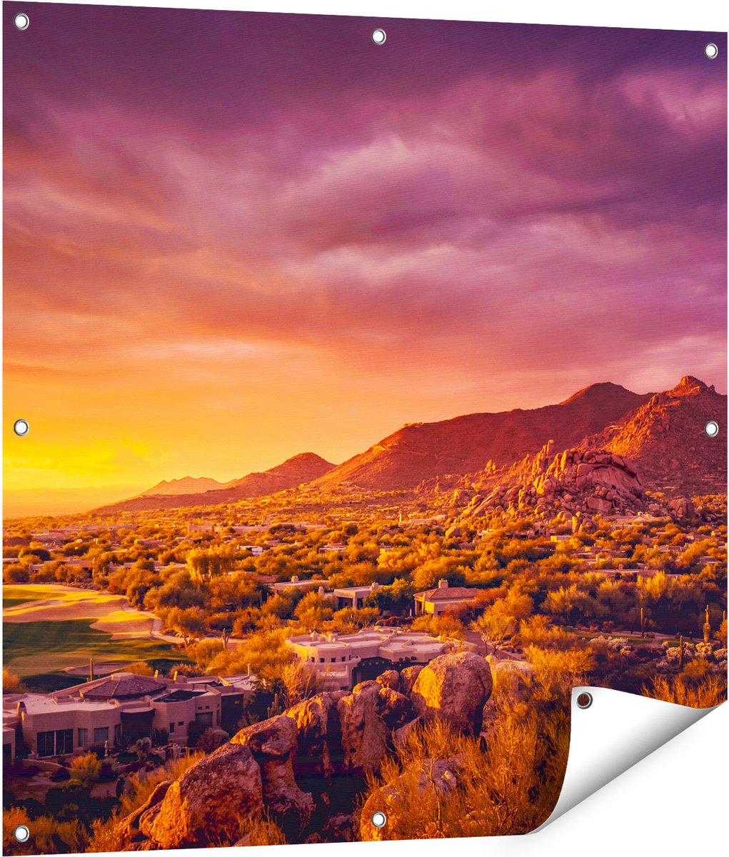 Gards Tuinposter Woestijn Landschap met Zonsondergang - 90x90 cm - Tuindoek - Tuindecoratie - Wanddecoratie buiten - Tuinschilderij Multikleur