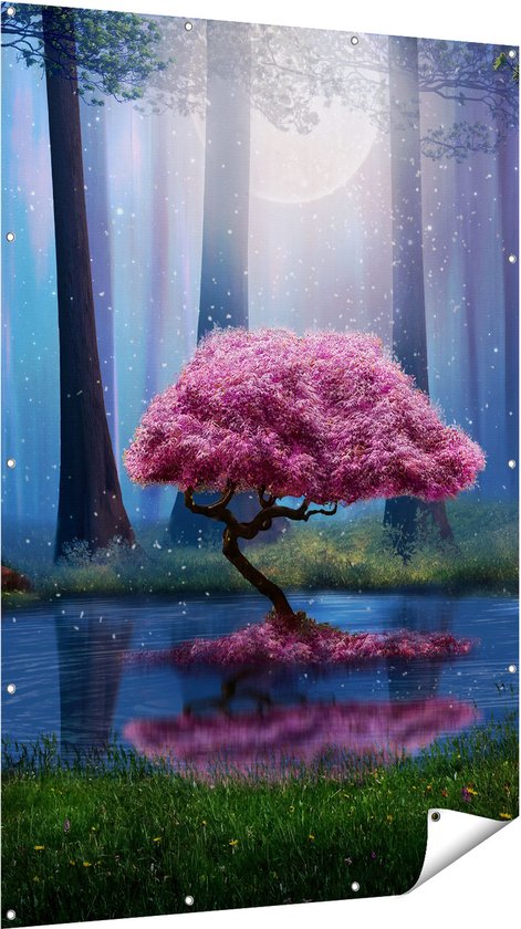 Gards Tuinposter Roze Boom op een Vijver in de Nacht - 120x180 cm - Tuindoek - Tuindecoratie - Wanddecoratie buiten - Tuinschilderij