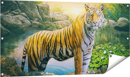 Gards Tuinposter Luipaard in een Vijver bij Zonsondergang - 120x60 cm - Tuindoek - Tuindecoratie - Wanddecoratie buiten - Tuinschilderij