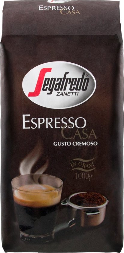Bruine verpakking Segafredo Espresso Casa koffiebonen, 1000g. Met afbeelding van een espresso glas en portafilter.