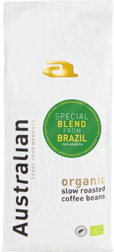 Zak biologische, langzaam geroosterde Arabica koffiebonen uit Brazilië. "Australian", "SPECIAL BLEND FROM BRAZIL"