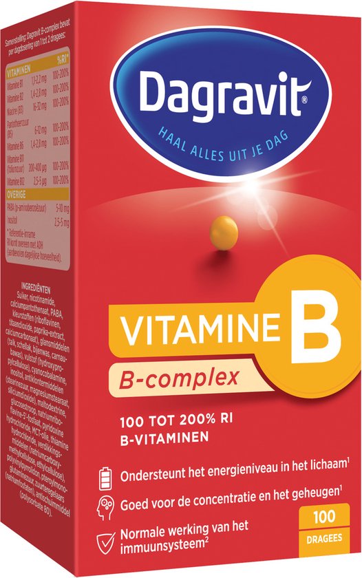 Verpakking van Dagravit Vitamine B B-complex, met een illustratie van een pil.