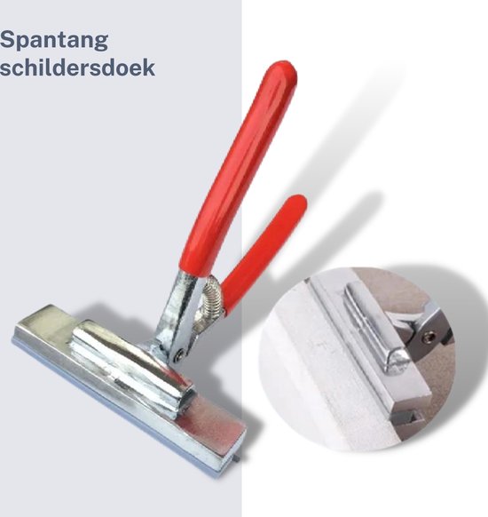 Spantang met rode handgrepen, zilverkleurig metaal, voor schildersdoek.