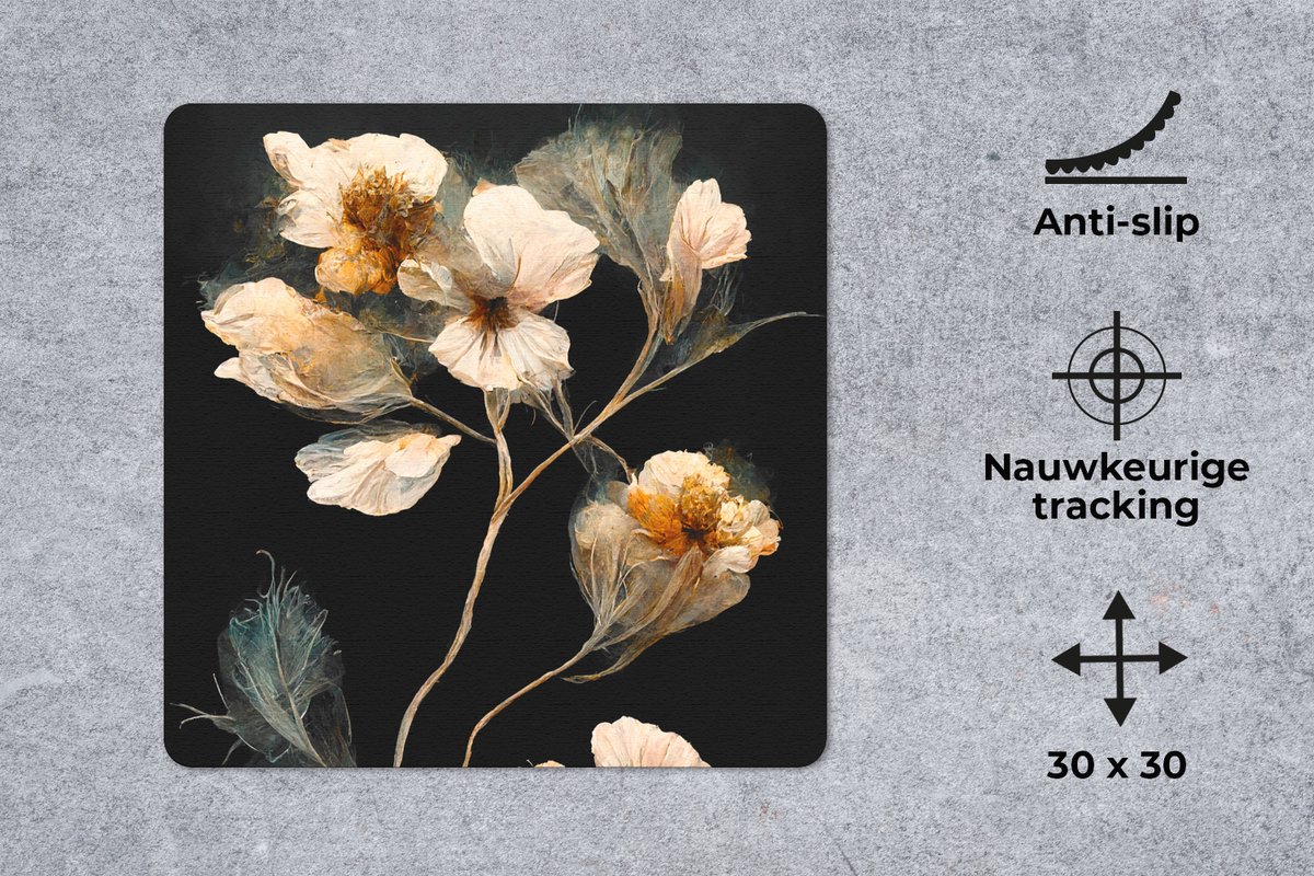 Muismat 30x30 cm - Mousepad Bloemen - Zwart - Planten - Vintage - Muismatten